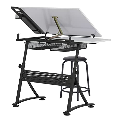 Adjustable Drafting Table and Stool Set with Tilt Top and Storage