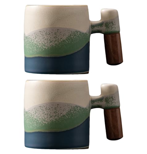 Dicmracy Kiln Turning Blue 2oz Ceramic Espresso Cups with Wooden Handle, 2/4-Piece Set, Handmade Coffee & Tea Mugs