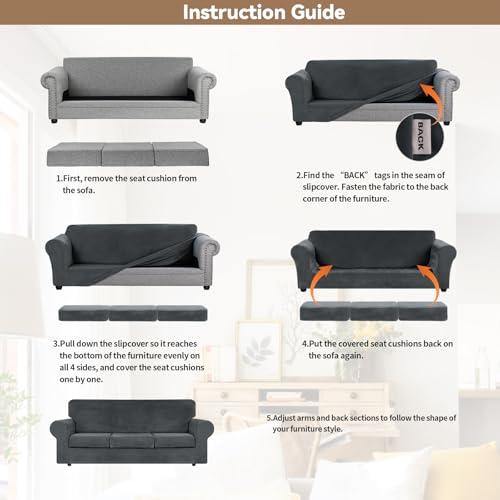 4-Piece Stretch Velvet Sofa Slipcover for 3-Cushion Couch - Dark Grey, Large