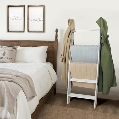 5-Tier Wooden Blanket Ladder - Farmhouse Wall-Leaning Quilt Rack