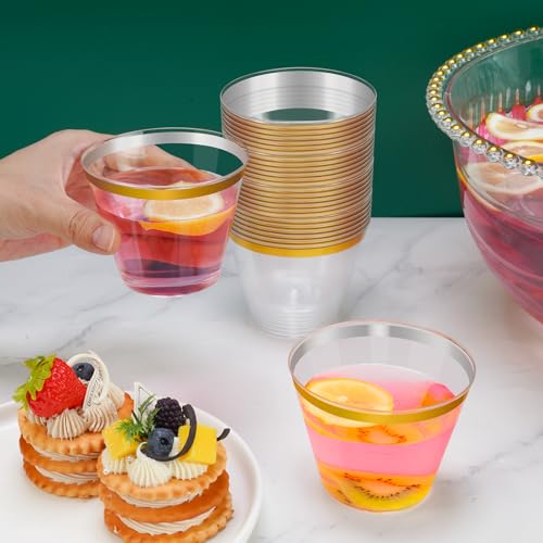 Large 1.7 Gallon Punch Bowl Set with Ladle and 25 Gold-Rimmed Cups