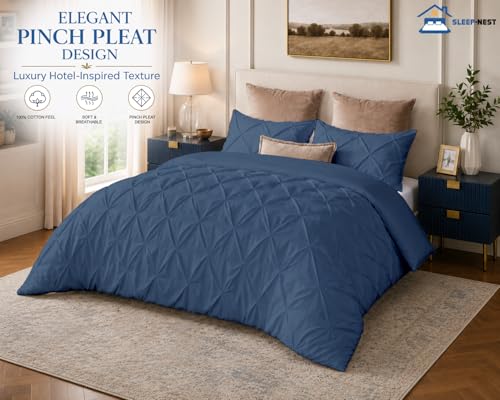 Super King Pinch Pleated Duvet Cover Set - 100% Egyptian Cotton, Medium Blue