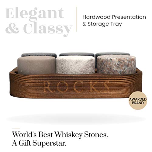 Rocks Whiskey Chilling Stones Set of 6 with Hardwood Storage Tray – Premium Granite Sipping Rocks for Fine Spirits