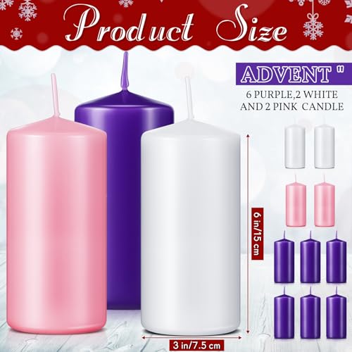 Amylove 10 Pcs 3x6 Inch Unscented Advent Candle Set Pink Purple White for Christmas Wreaths