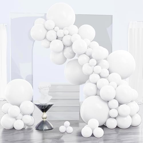 PartyWoo White Latex Balloons Assorted Sizes 140 Pack for Party Decor