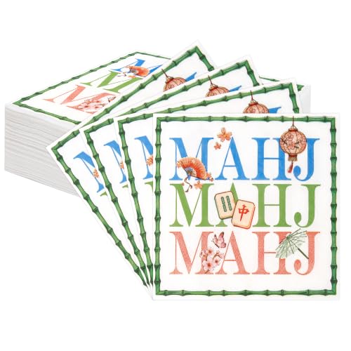 Green Mahjong Disposable Cocktail Napkins 5x5 Inches, 50 Pcs - Bamboo Design