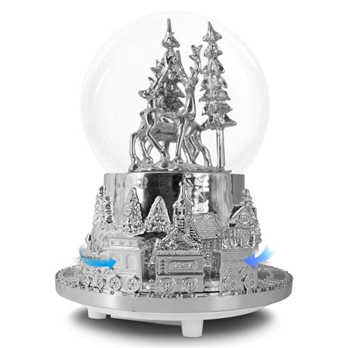 Musical LED Christmas Snow Globe with Rotating Train and White Reindeer