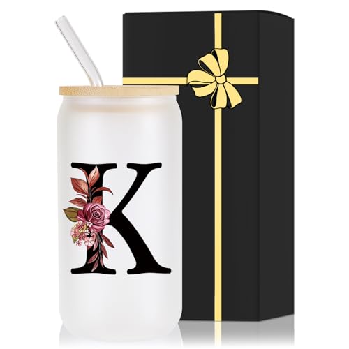 Personalized Monogrammed 16oz Glass Drinking Cup with Lid & Straw - Letter K Gift