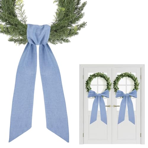 Blue Wreath Sash for Front Door 2 Pack - 60 Inch Blank Linen Rustic Wreath Ribbon for DIY Embroidery and Farmhouse Home Decor