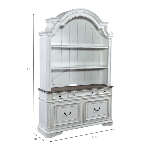 Magnolia Manor Filing Credenza and Hutch with Touch Lighting - Antique White