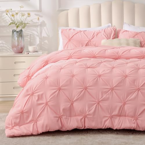 Pink Queen Comforter Set - Soft Pintuck Bedding with 2 Pillowcases