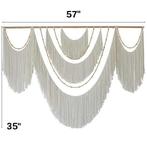 White Macrame Wall Hanging Boho Yarn Art with Beads - 57 x 35 Inches
