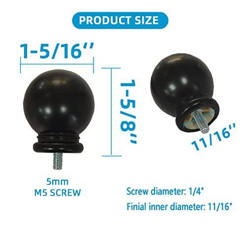 4 Pcs Curtain Rod Finials, Ball Shape Ends for 5/8 Inch Rods, Black