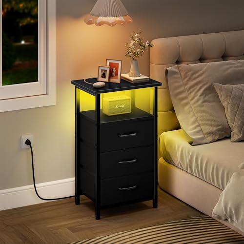 Set of 2 LED Nightstands with Charging Station, 3-Drawer Bedside Side Table