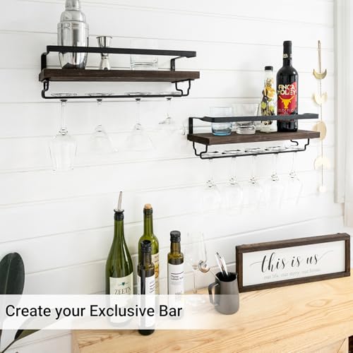 Wall Mounted Wine Rack Set of 2 - 17 Inch Rustic Wood Shelves with Glass Hanger