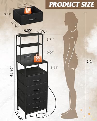 Tall Nightstand with Charging Station, LED Light and 4 Fabric Drawers