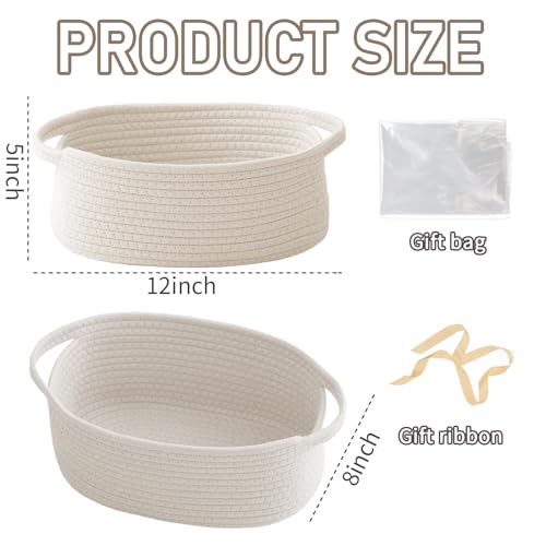 Small Woven Cotton Rope Gift Basket with Handles, White Storage Bin