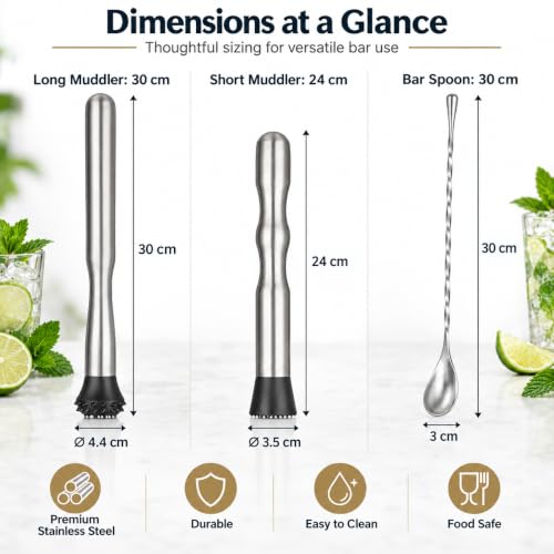 LEGERM Cocktail Muddler Set Short & Long Handle - 3 Piece Mojito Bar Tools