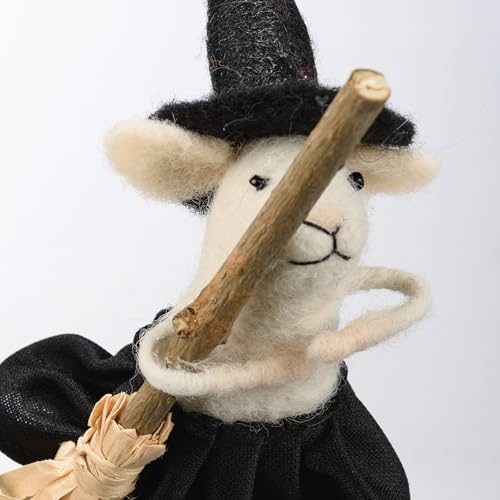 Halloween Felt Witch Mouse Figurine with Broomstick - 5.5 Inch Decor