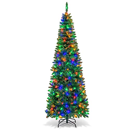 7.5FT Prelit Pencil Christmas Tree, Slim Hinged Fir Tree with 350 LED Lights