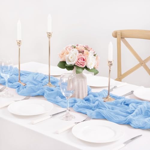 Light Blue Cheesecloth Table Runner, 35x120 Inch Boho Gauze Table Decor