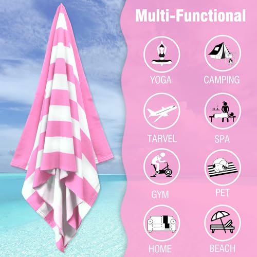 Oversized Microfiber Beach Towel 35x70 Inch, Pink Striped Quick Dry Pool Towel