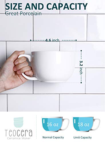 Teocera White 16oz Coffee Mug Set of 4 - Large Porcelain Cups for Latte & Hot Drinks