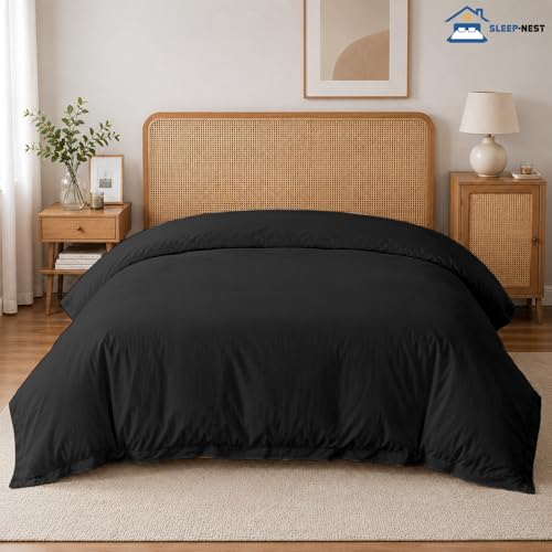 Oversized Queen Duvet Cover - 100% Cotton, Zipper Closure, Soft & Breathable - Black