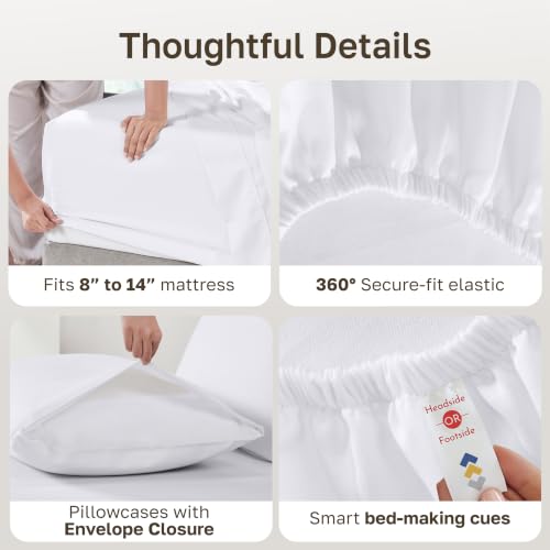 100% Cotton Sateen Queen Sheet Set - 4 Piece Soft Deep Pocket Bedding, White