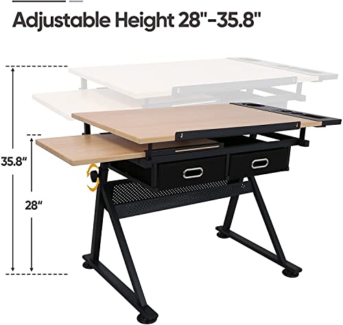 Adjustable Drafting Table with 2 Storage Drawers and Stool