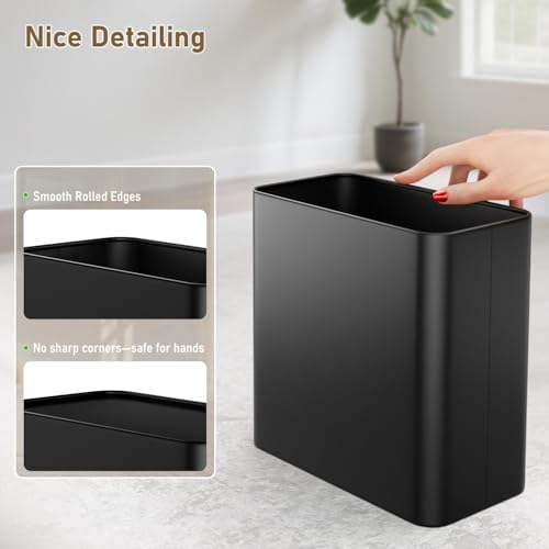 Small Bathroom Trash Can 2.4 Gallon Slim Matte Black Wastebasket