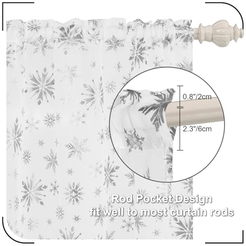 FRAMICS White-Silver Foil Snowflake Sheer Curtains for Christmas, 52W x 84L, 2 Panels with Rod Pocket