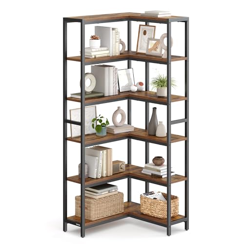 6-Tier Industrial Corner Bookshelf, Convertible Storage Organizer, Rustic