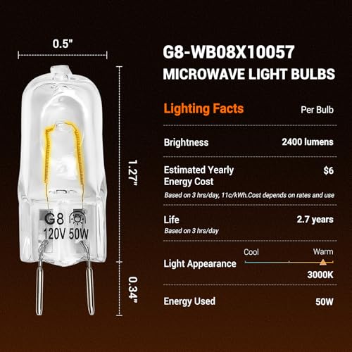 120V 50W G8 Bi-Pin Halogen Microwave Oven Light Bulb - 2 Pack