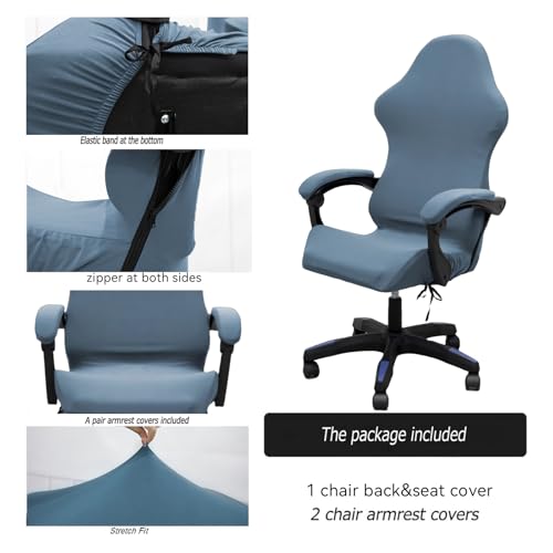 Stretch Ruffled Gaming Chair Cover Set with Armrest Covers - Gray-Blue