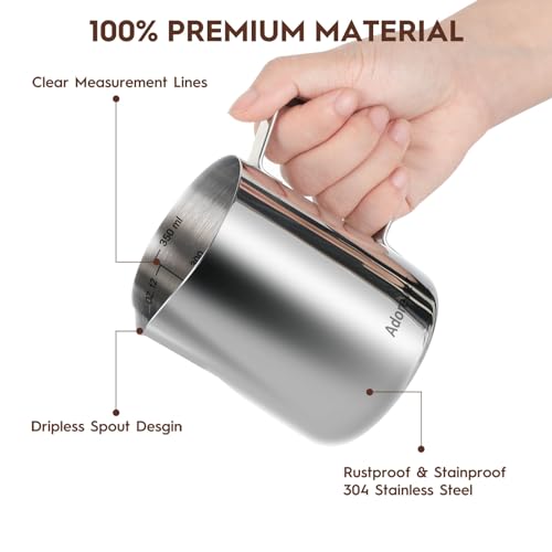 Stainless Steel Milk Frothing Pitcher with Latte Art Pen - 12oz Milk Jug