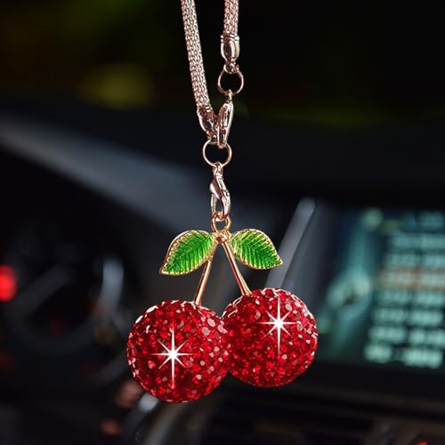 Crystal Cherry Car Hanging Ornament - Sparkly Rhinestone Mirror Pendant