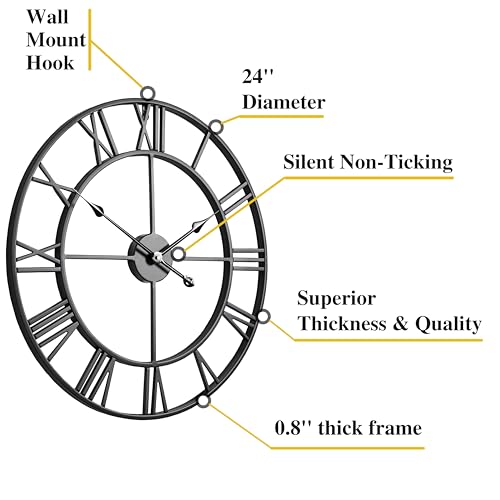 Black Roman Numeral 24 Inch Wall Clock - Silent Metal Decor for Living Room