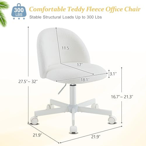 Teddy Fleece Swivel Desk Chair, Adjustable Vanity Chair with Lumbar Support