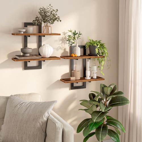 2-Tier Floating Wall Shelves Set, Rustic Industrial Storage Shelves