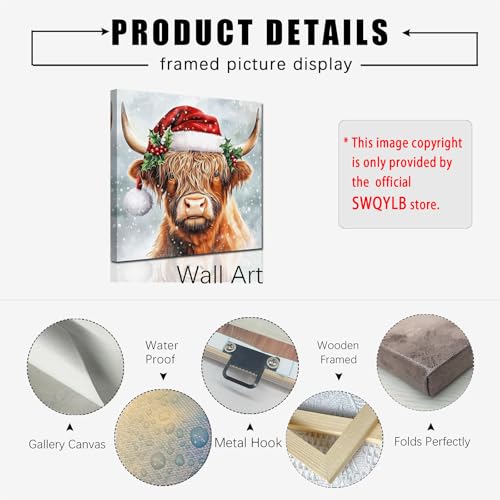 SWQYLB Christmas Highland Cow Canvas Wall Art 24x24 White Framed Farmhouse Decor