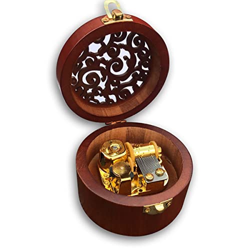 Circular Wooden Music Box with Wind-Up Mechanical Movement