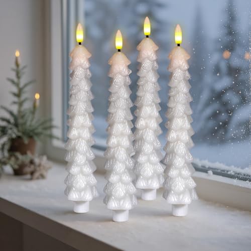 White Christmas Tree Flameless Taper Candles Battery Operated Remote Timer - KunSwenn 4-White