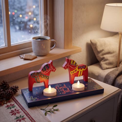 Dala Horse Christmas Decor Set with LED Candles - 2 Pc Swedish Wooden Ornaments