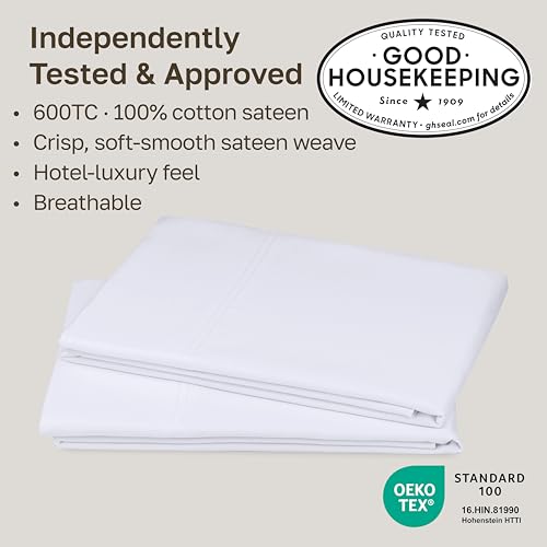 600 Thread Count 100% Cotton Sateen Pillowcases - Set of 2, Bright White