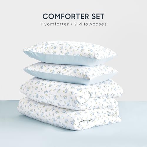 Floral Comforter Set Twin/Twin XL - 3 Piece Soft Flower Bedding, White Blue