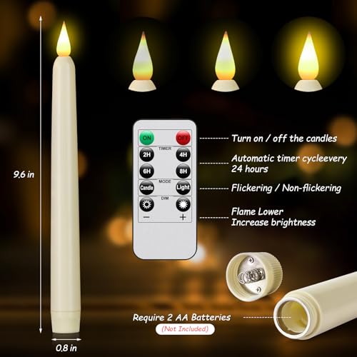 PILLOBOX Ivory Flameless Taper Candles with Remote, 3-Pack, 9.6in, 2AA Battery, 3D Flicker