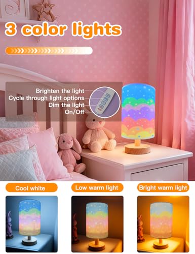 Rainbow Kids Table Lamp with Dimmable Wooden Base and Fabric Shade