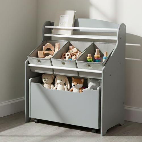 3-in-1 Kids Bookshelf and Rolling Toy Storage Organizer with Fabric Bins