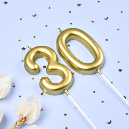 Gold 30 Birthday Number Candle - 2.76 Inch Large Cake Topper with Holder